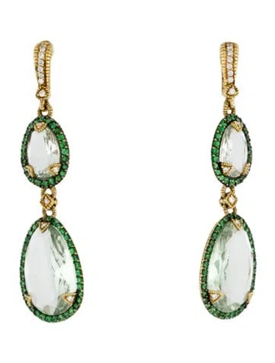 Pre-owned Judith Ripka 18k Diamond, Tsavorite & Prasiolite Drop Earrings In Multi