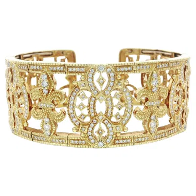 Pre-owned Judith Ripka 18k Gold 3ctw Diamond Open Work Flexible Wide Cuff Bracelet In Multi