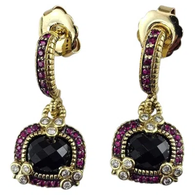 Pre-owned Judith Ripka 18k Gold Black And Red Stones Diamond Dangle Earrings #25487