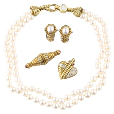 Pre-owned Judith Ripka 18k Gold Diamond Pearl Jewelry Set Necklace Earrings Pendant Brooch In Multiple