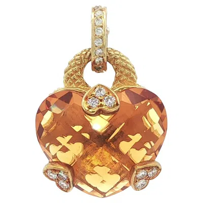 Pre-owned Judith Ripka 18k Gold Heart Checkerboard Citrine W/ Diamond Enhancer Pendant In Multi