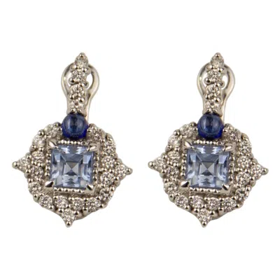 Pre-owned Judith Ripka 18k White Gold Diamond & Quartz & Sapphire Earrings