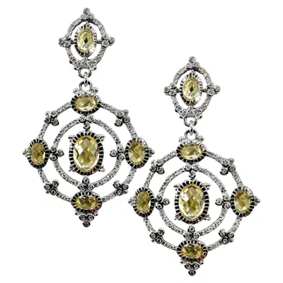 Pre-owned Judith Ripka 18k White Gold Duster Earrings With Diamonds & Citrines 2 3/8 Inch