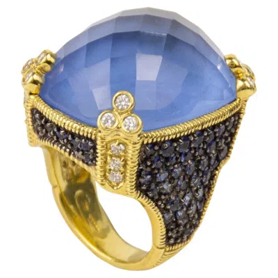 Pre-owned Judith Ripka 18k Yellow Gold Diamond & Quartz & Sapphire Ring