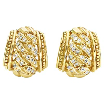 Pre-owned Judith Ripka 18k Yellow Gold Diamond Curb Link Huggie Hoop Earrings