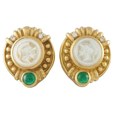 Pre-owned Judith Ripka 18k Yellow Gold Diamond, Emerald & Mother Of Pearl Clip-on Earrings