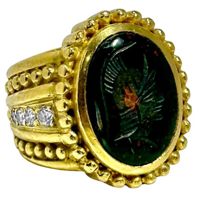 Pre-owned Judith Ripka 18k Yellow Gold  Bloodstone Intaglio Ring With Diamonds