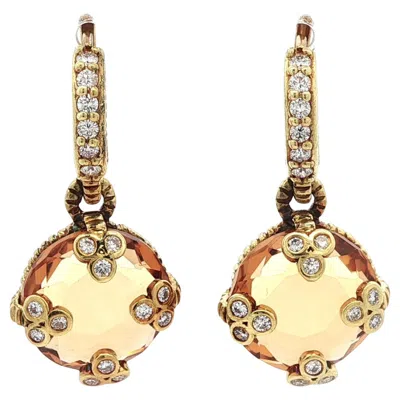 Pre-owned Judith Ripka 18k Yellow Gold Round Citrine & Diamond Drop Dangle Earrings