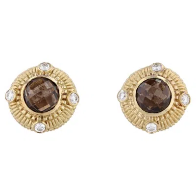 Pre-owned Judith Ripka 4.48ctw Smoky Quartz Diamond Earrings 18k Yellow Gold Button Studs