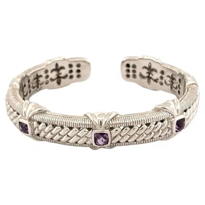 Pre-owned Judith Ripka Amethyst 5mm Hinged 50g Fits 9in Sterling Silver Cuff Bracelet In Purple