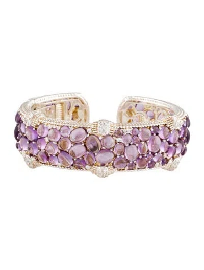 Pre-owned Judith Ripka Amethyst & Cubic Zirconia Aurora Wide Hinged Cuff Bracelet, 6.5" In Multi