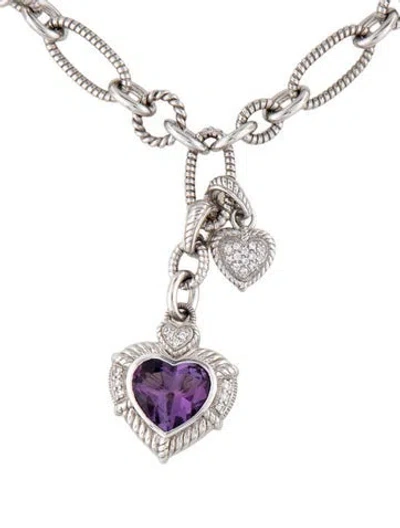 Pre-owned Judith Ripka Amethyst & Cubic Zirconia Double Heart Pendant Necklace, 18" In Multicolor