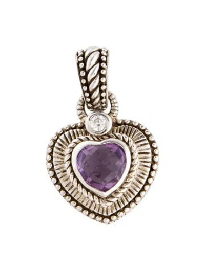 Pre-owned Judith Ripka Amethyst & Cubic Zirconia Heart Pendant, 1" In Multi