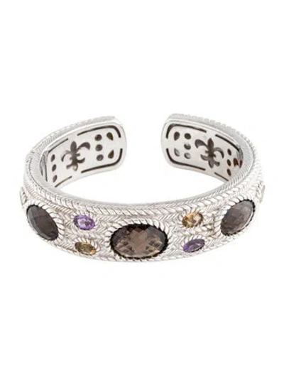 Pre-owned Judith Ripka Amethyst & Smoky Quartz Wide Cuff Bracelet, 6.25" In Multi
