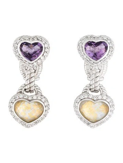 Pre-owned Judith Ripka Amethyst, Quartz, & Cubic Zirconia Heart Drop Earrings In Multicolor