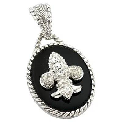 Pre-owned Judith Ripka Authentic  925 Sterling Silver Onyx Cz Fleur De Lis Pendant In Black