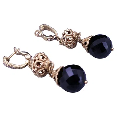 Pre-owned Judith Ripka Black Onyx Bead Drop Earrings In 18k Yellow Gold