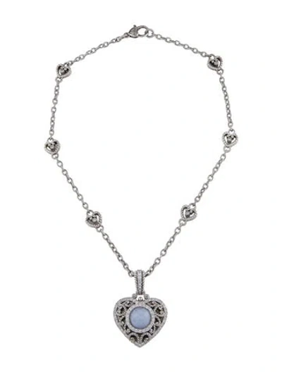 Pre-owned Judith Ripka Blue Lace Agate & Cubic Zirconia Heart Enhancer Pendant Necklace, 16" In Multicolor
