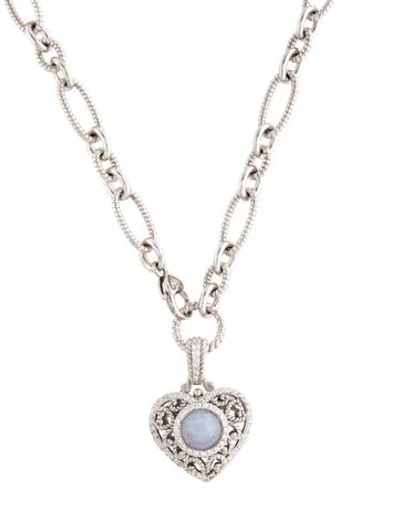Pre-owned Judith Ripka Blue Lace Agate & Cubic Zirconia Heart Enhancer Pendant Necklace, 18" In Multicolor