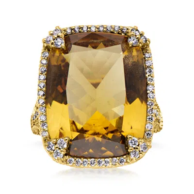 Pre-owned Judith Ripka C. 1990 Vintage  19.00 Carat Citrine Ring With 1.00 Ct. T.w. Diamonds In 18kt Yellow Gol In Gold