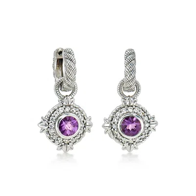 Pre-owned Judith Ripka C. 2000 Vintage  1.20 Ct. T.w. Amethyst Day/night Hoop Drop Earrings With .64 Ct. T.w. C In Silver