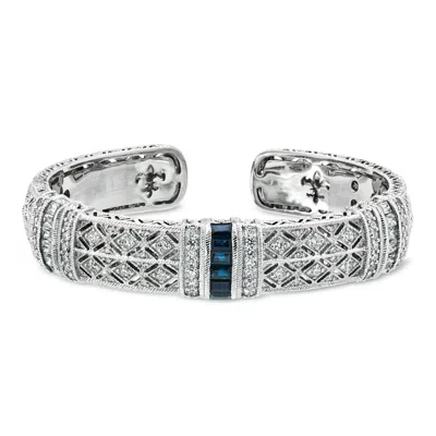 Pre-owned Judith Ripka C. 2000 Vintage  2.75 Ct. T.w. Cz And .60 Ct. T.w. Simulated Sapphire Cuff Bracelet In S In Silver