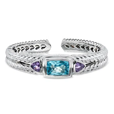 Pre-owned Judith Ripka C. 2000 Vintage  9.00 Carat Blue Topaz And 2.20 Ct. T.w. Amethyst Bangle Bracelet In Ste In Silver