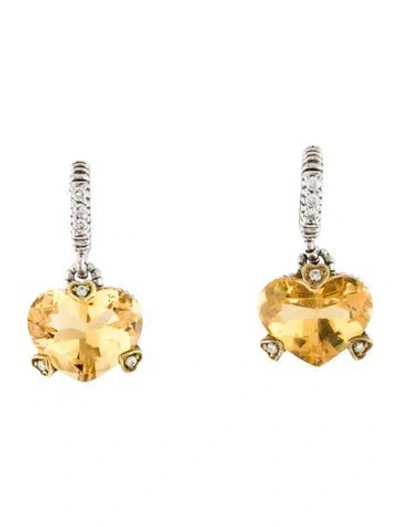 Pre-owned Judith Ripka Canary Crystal & Diamond Heart Drop Earrings