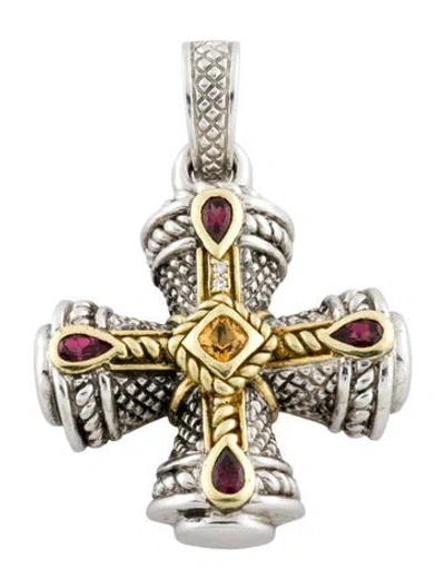Pre-owned Judith Ripka Citrine, Garnet & Diamond Cross Pendant In Multi