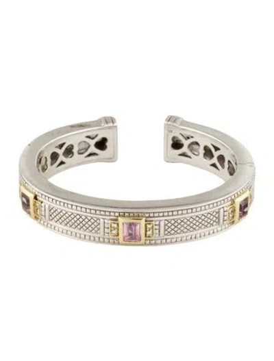 Pre-owned Judith Ripka Crystal & Diamond Hinged Cuff Bracelet, 6.25" In Pink