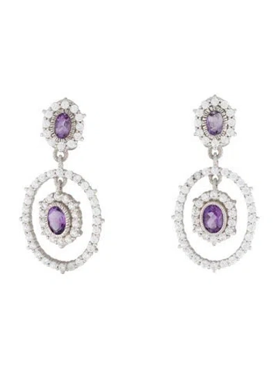 Pre-owned Judith Ripka Cubic Zirconia & Amethyst Drop Earrings In Multicolor