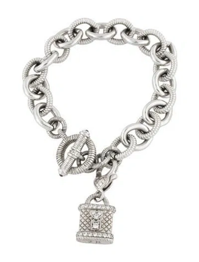 Pre-owned Judith Ripka Cubic Zirconia And Amethyst Lock And Toggle Charm Bracelet, 6.5" In Multicolor
