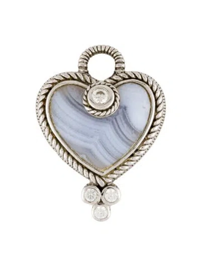 Pre-owned Judith Ripka Cubic Zirconia & Blue Lace Agate Heart Pendant, 1" In Multi
