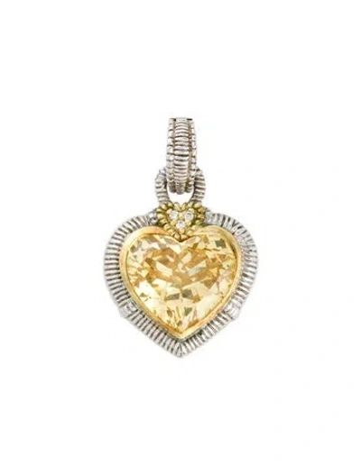 Pre-owned Judith Ripka Cubic Zirconia & Diamond Heart Pendant, 1.25" In Multi