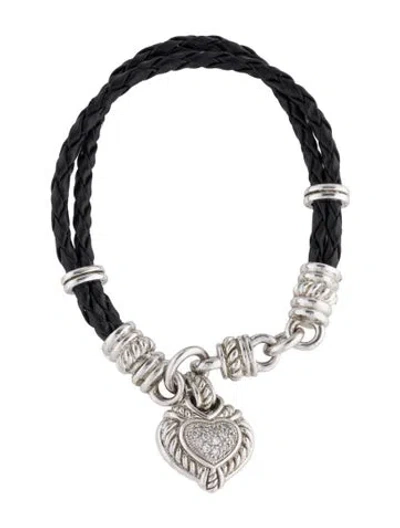 Pre-owned Judith Ripka Cubic Zirconia & Leather Heart Charm Bracelet, 7" In Black