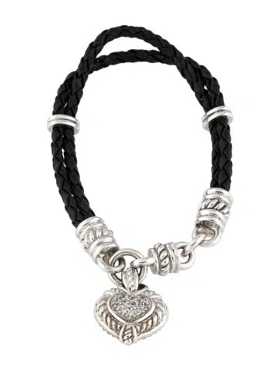 Pre-owned Judith Ripka Cubic Zirconia & Leather Heart Charm Bracelet, 7" In Multicolor
