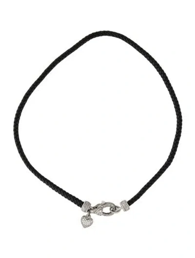 Pre-owned Judith Ripka Cubic Zirconia & Leather Heart Necklace, 17.75" In Black