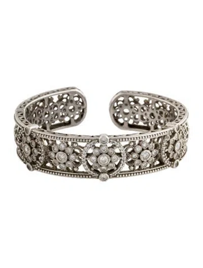 Pre-owned Judith Ripka Cubic Zirconia Floral Hinged Cuff Bracelet, 6.75" In Multi