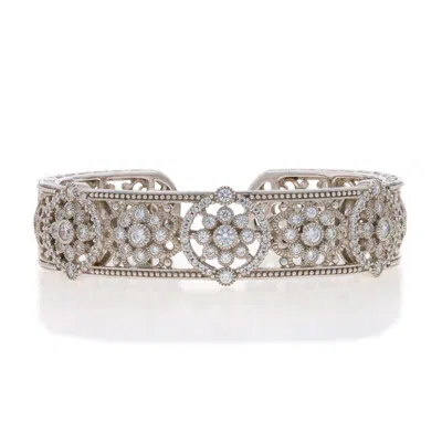 Pre-owned Judith Ripka Cubic Zirconia Floral Medallion Cuff Bracelet 7" - Sterling 925 In Multi