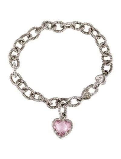 Pre-owned Judith Ripka Cubic Zirconia Heart Charm Bracelet, 6.5" In Pink