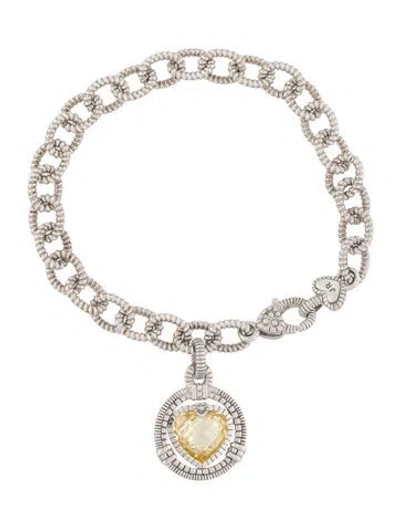 Pre-owned Judith Ripka Cubic Zirconia Heart Charm Bracelet, 6.75" In Yellow
