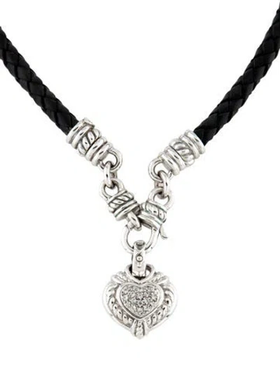 Pre-owned Judith Ripka Cubic Zirconia Heart Charm Leather Collar Necklace, 18" In Multi