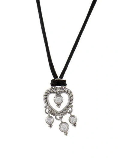 Pre-owned Judith Ripka Cubic Zirconia Heart Pendant W/ Unbranded Chord Necklace, 21" In Black