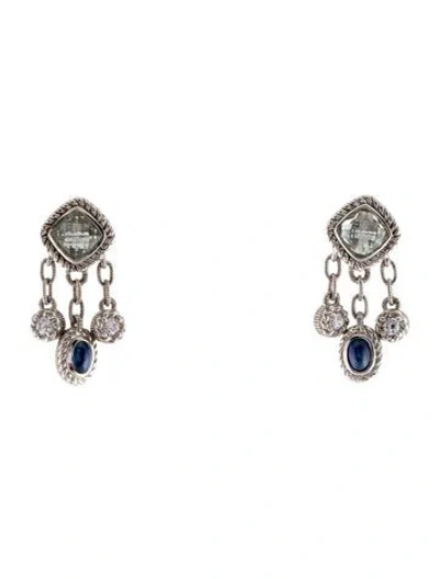 Pre-owned Judith Ripka Cubic Zirconia, Prasiolite & Sapphire Drop Earclips In Transparent