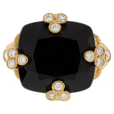 Pre-owned Judith Ripka Cushion Cut Black Onyx And Diamond Cocktail Ring In 18k Yellow Gold