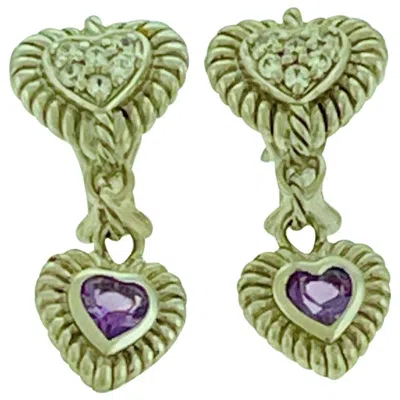 Pre-owned Judith Ripka Cz Sterling Silver Heart Pierced Earrings W Amethyst 9.9 Grams In Purple
