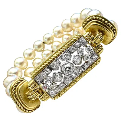 Pre-owned Judith Ripka Deco Style Diamond & Pearl Bracelet In 18k Gold & Platinum In Multi
