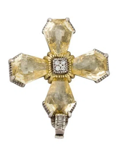 Pre-owned Judith Ripka Diamond & Canary Crystal Maltese Cross Pendant, 2" In Multi