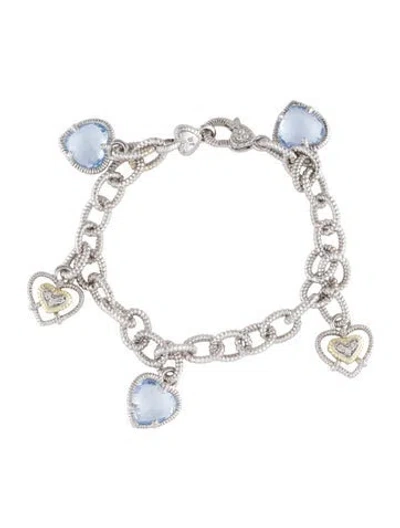 Pre-owned Judith Ripka Diamond & Synthetic Quartz Heart Charm Bracelet, 6" In Multi