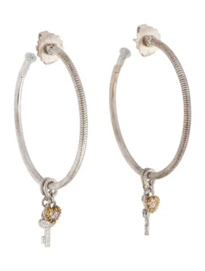 Pre-owned Judith Ripka Diamond Heart & Key Hoop Earrings In Multi